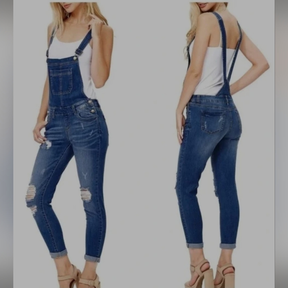 Wax Women's Juniors Distressed Skinny Leg Denim Overalls Ankle Lenght